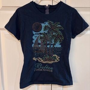 Vintage Retro Belize Central America Travel Sequin Tee Navy Blue Size S
